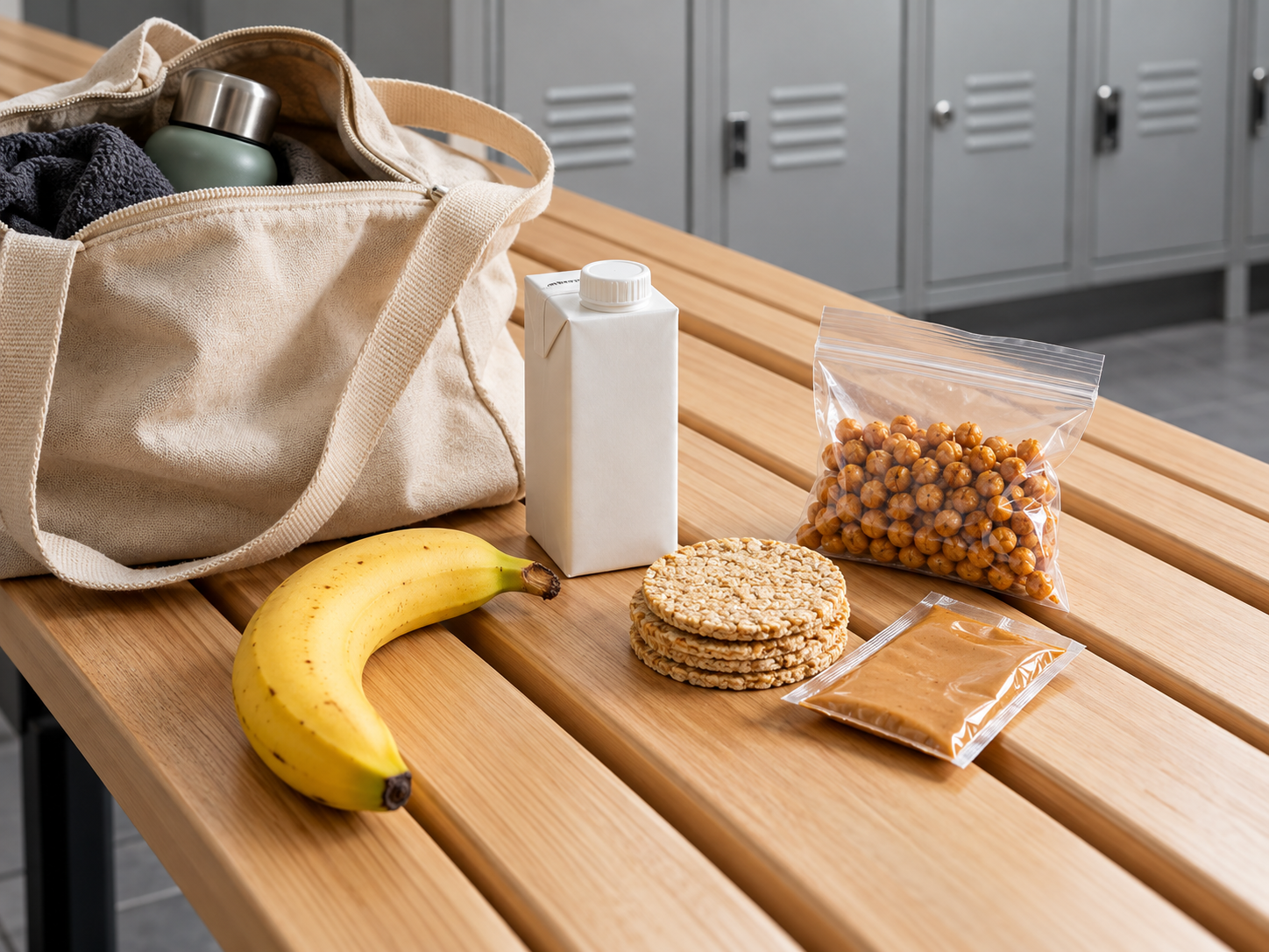 A canvas gym bag and a shelf-stable snack setup with banana, oatcakes, roasted chickpeas, peanut butter sachet and unopened milk carton on a locker-room bench.