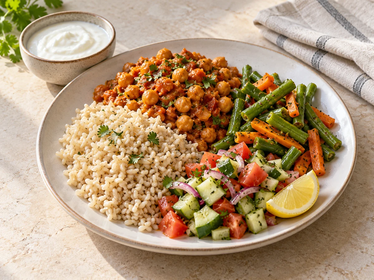 Vegetarian lunch plate with brown rice, chickpea masala, cooked green beans and carrots, cucumber-tomato salad and a bowl of plain curd.