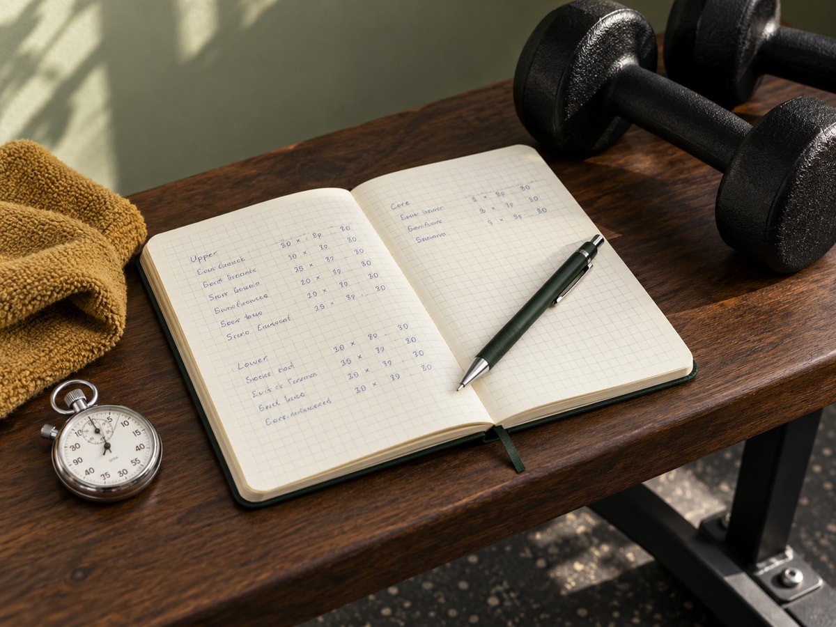 An open squared workout notebook and dark green pencil on a walnut bench beside black dumbbells, a mustard towel and a silver stopwatch.