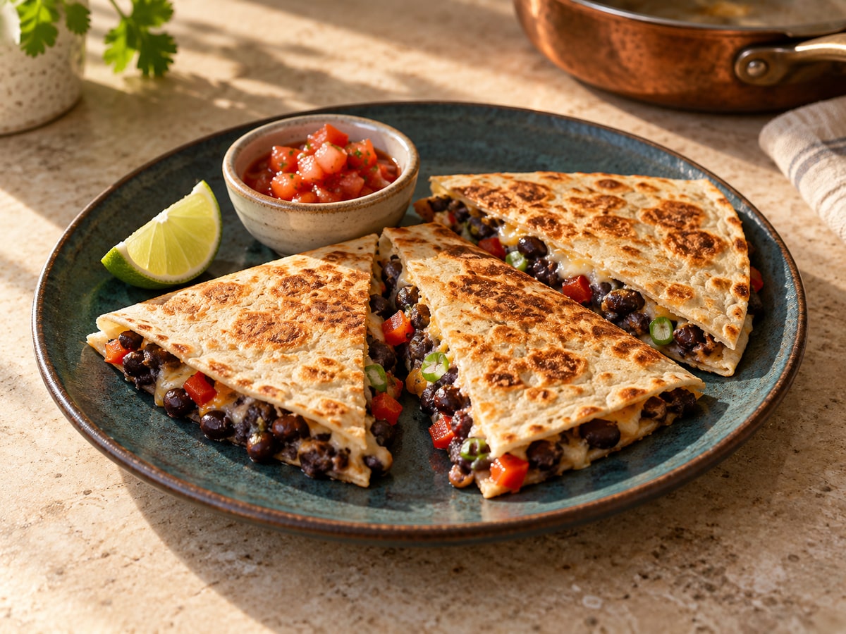 Three golden toasted quesadilla wedges filled with black beans, red pepper, scallion and melted cheese on a dark teal plate, with lime and salsa served separately.
