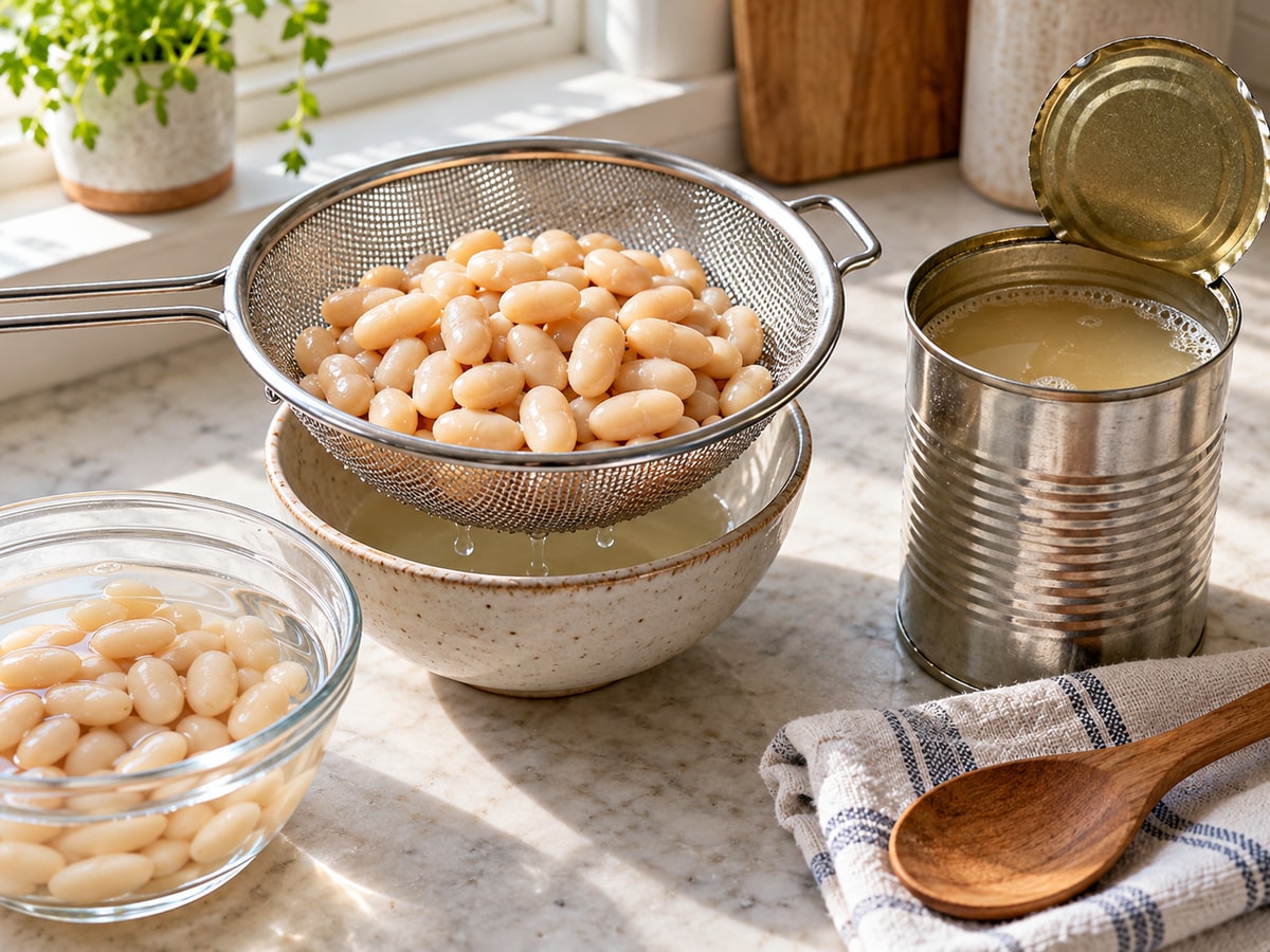 White beans in a metal sieve drain into a ceramic bowl beside an opened, unbranded can containing bean liquid on a bright kitchen counter.