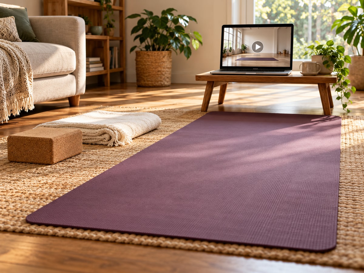 A plum yoga mat with a cork block and folded blanket faces a laptop showing a paused studio video in a sunlit living room.