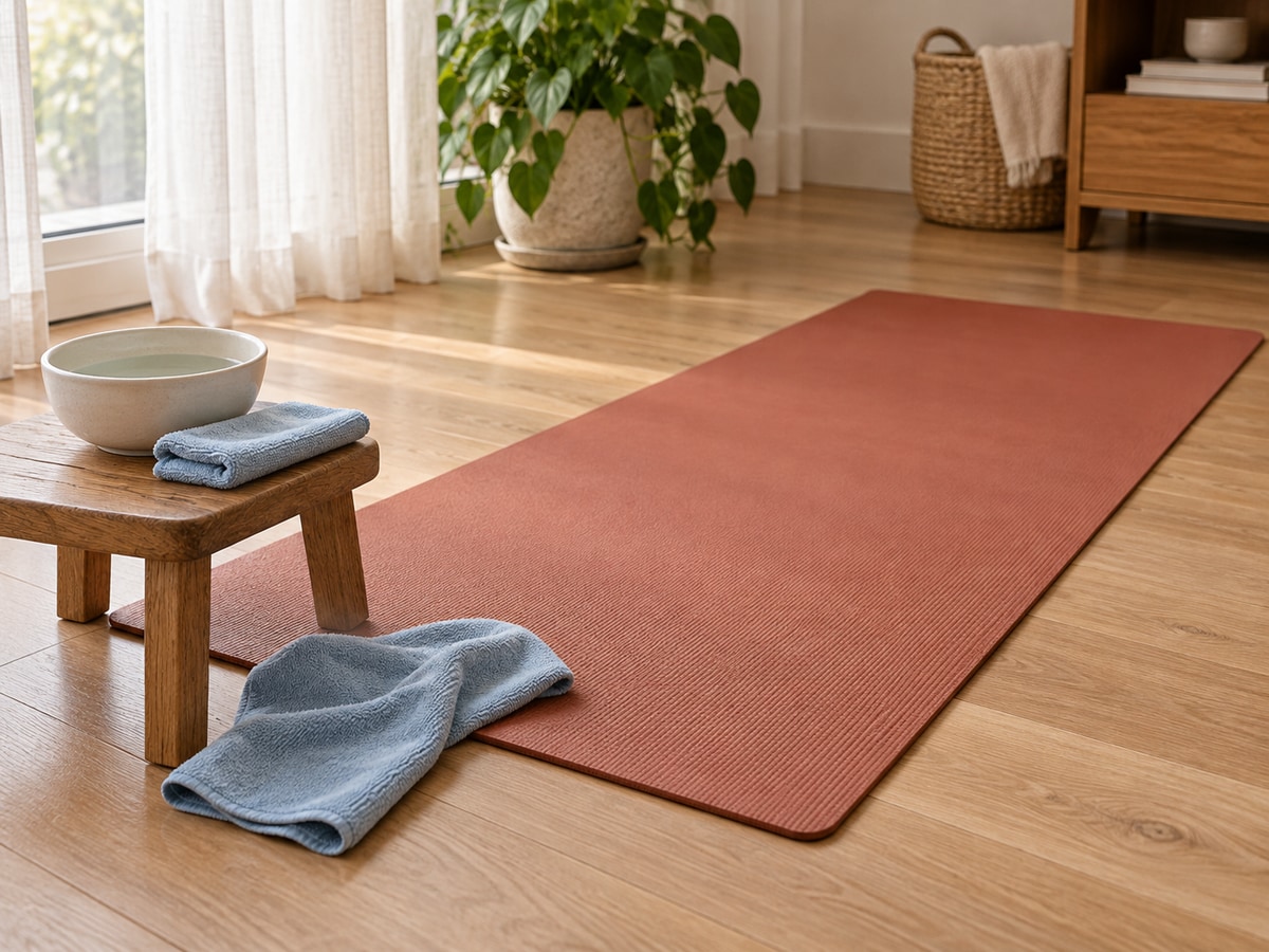 A terracotta yoga mat laid flat on a light oak floor beside a shaded window, with soft cleaning cloths and a small bowl of water on a low stool.