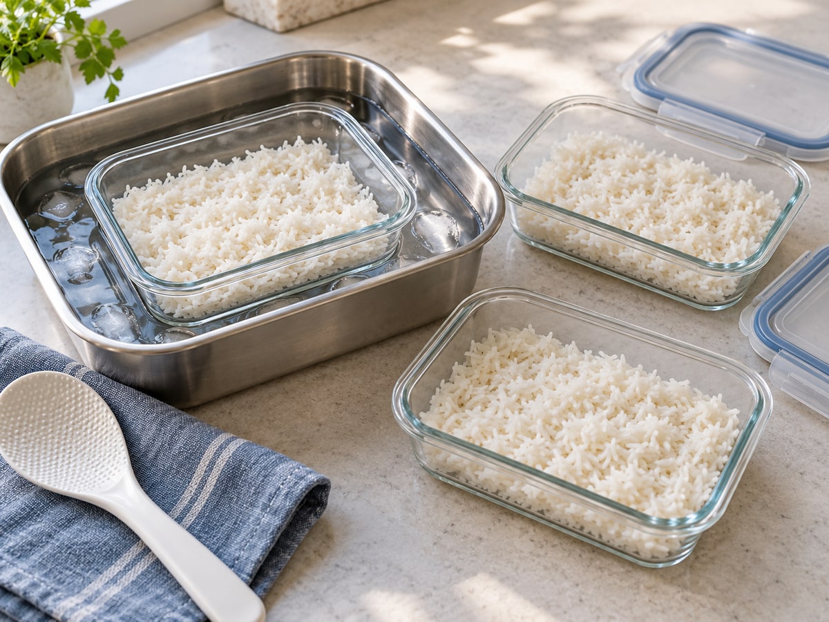 Three shallow glass containers of plain cooked white rice on a pale counter, with one container in a cold-water basin and blue-rimmed lids beside them.