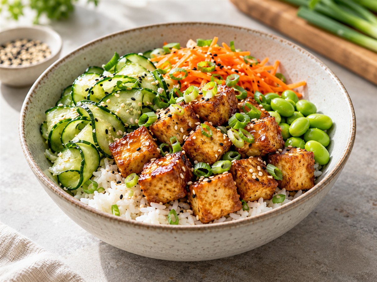 Crispy golden tofu rice bowl with sesame cucumber, shredded carrot, edamame and scallions