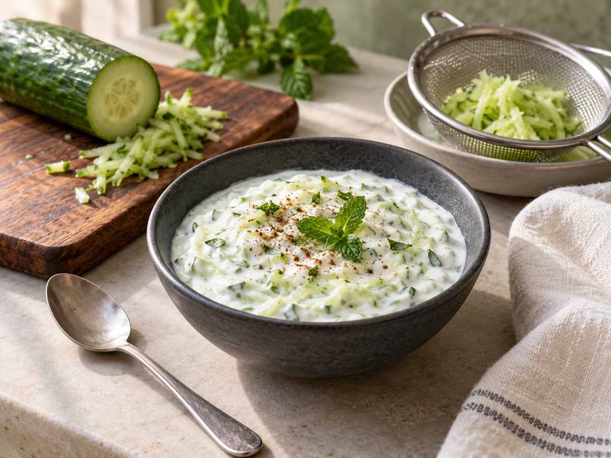 A small charcoal bowl of cucumber raita with mint and cumin beside a teaspoon, cut cucumber and a sieve of grated cucumber on a light kitchen counter.
