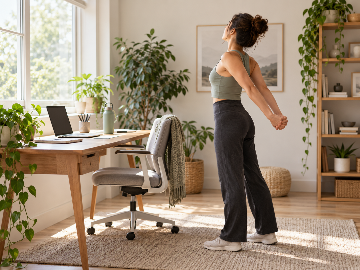 Office worker doing a standing chest-opening mobility movement beside a desk