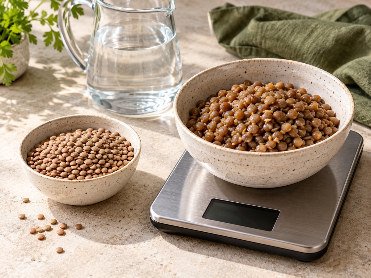 Dry brown lentils in a small ceramic bowl beside plump cooked lentils in a larger bowl on a kitchen scale, with water and an olive cloth behind.