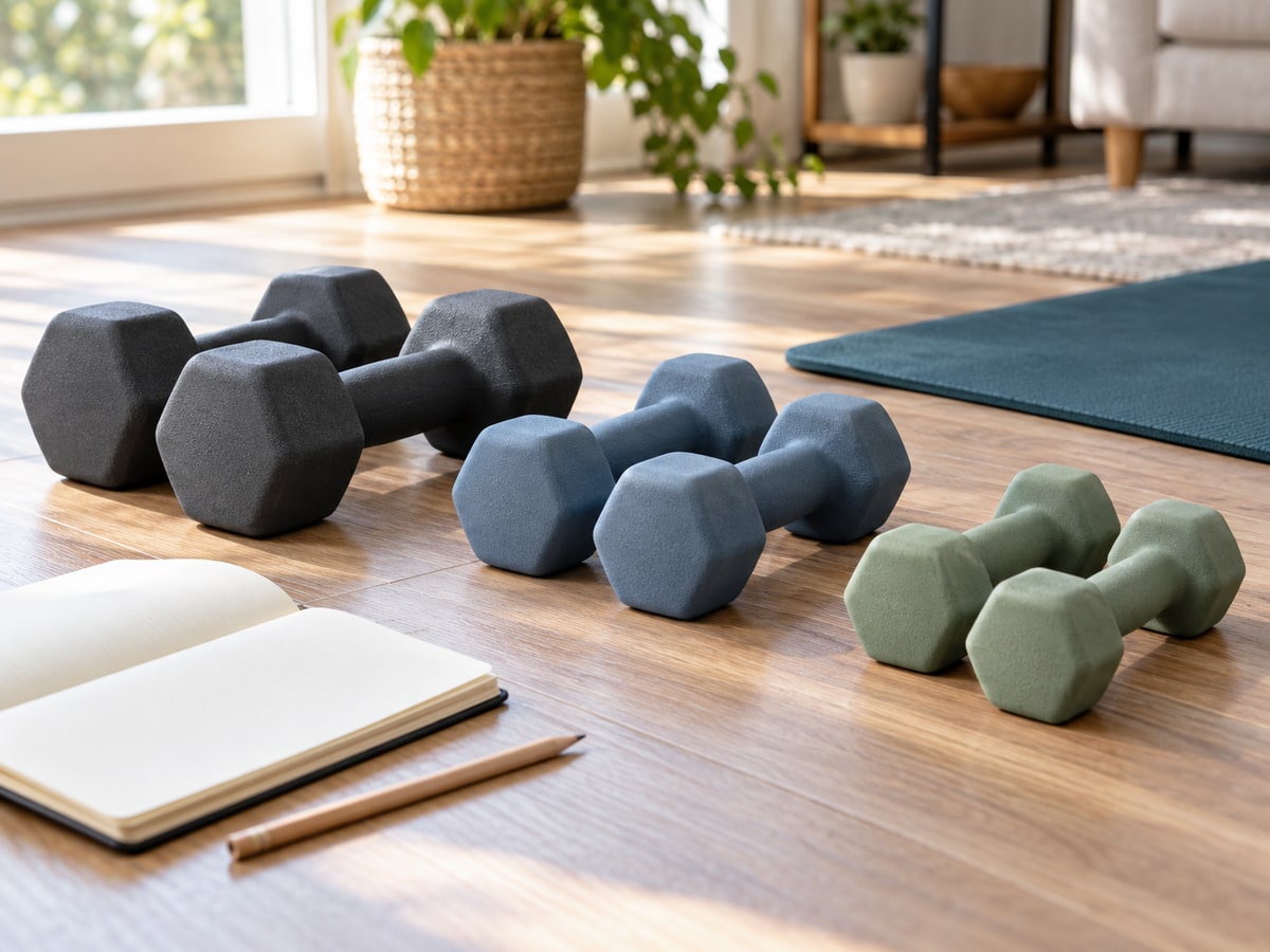 Three pairs of charcoal, blue and sage hex dumbbells in different sizes lie beside a teal exercise mat and an open notebook on a sunlit wood floor.