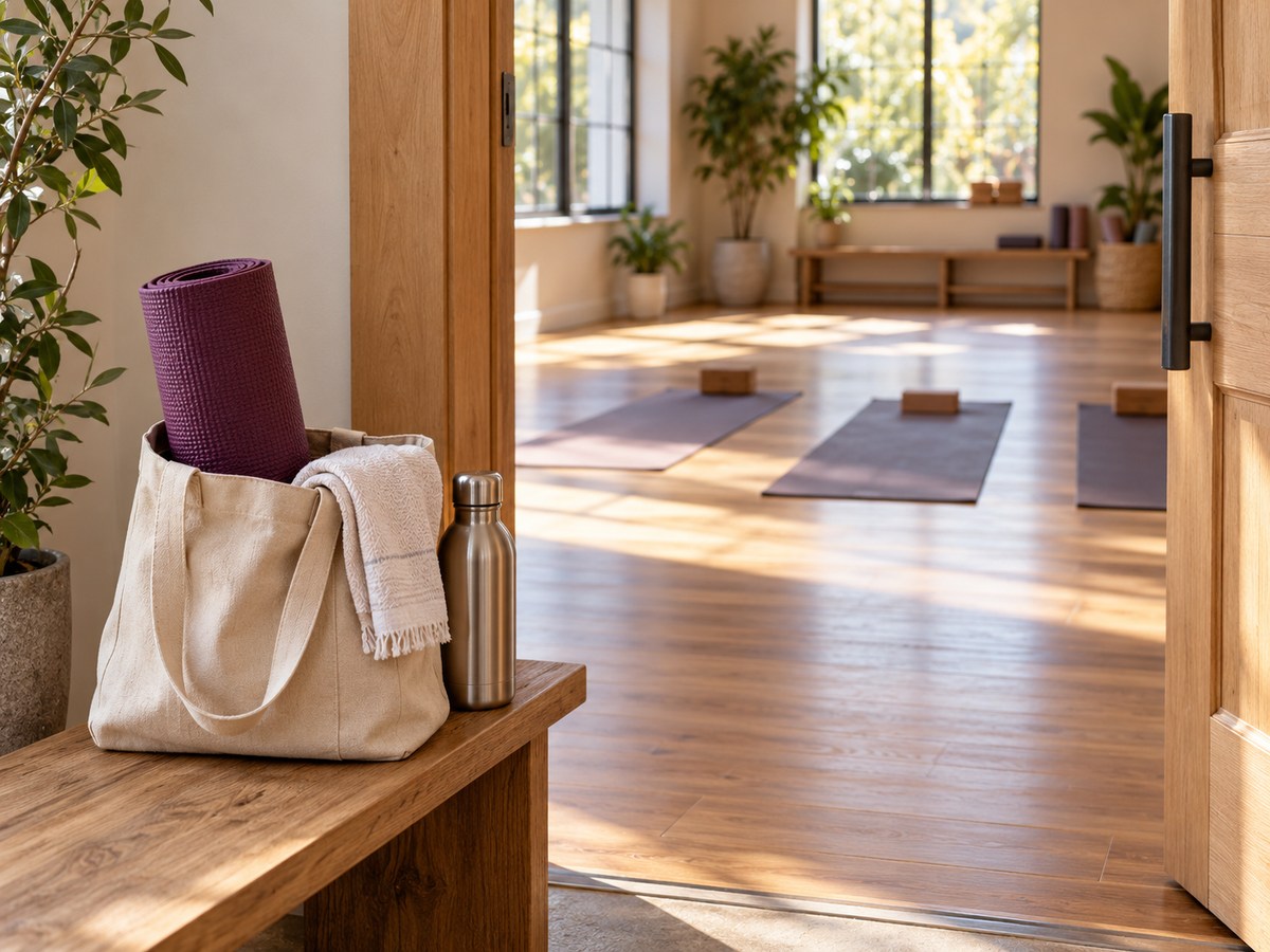 A canvas bag with a rolled plum yoga mat and towel beside a steel water bottle at the entrance to a sunlit empty yoga studio.