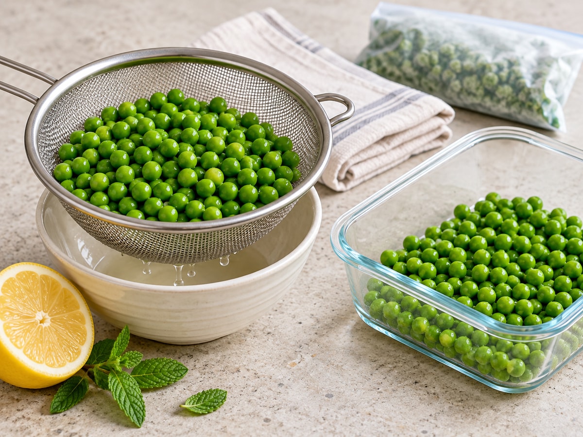 Cooked green peas drain in a metal sieve above a cream bowl beside a shallow glass container of peas, a lemon half and mint on a light kitchen counter.