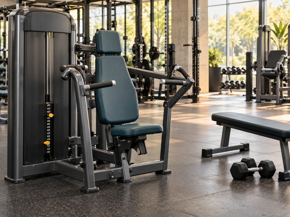 A charcoal chest-press machine with teal upholstery beside a flat bench and black hex dumbbells in a sunlit gym with an open walkway.