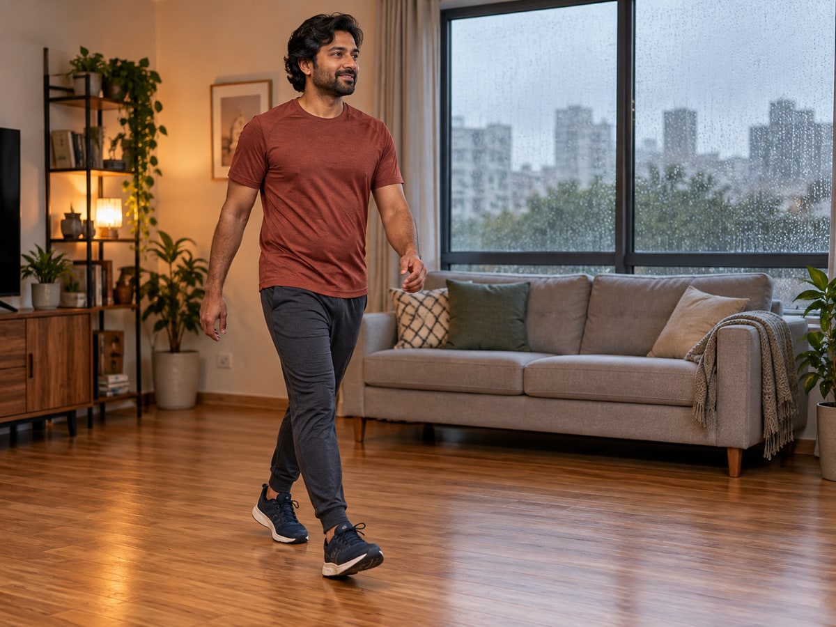 An adult man in a rust T-shirt and trainers walking across a clear living-room floor, with rain visible on the closed window behind him.