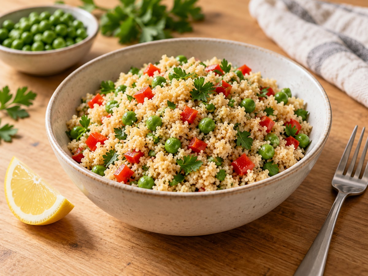 A cream bowl of fine couscous mixed with green peas, diced red pepper and parsley on a wooden table beside a lemon wedge and fork.