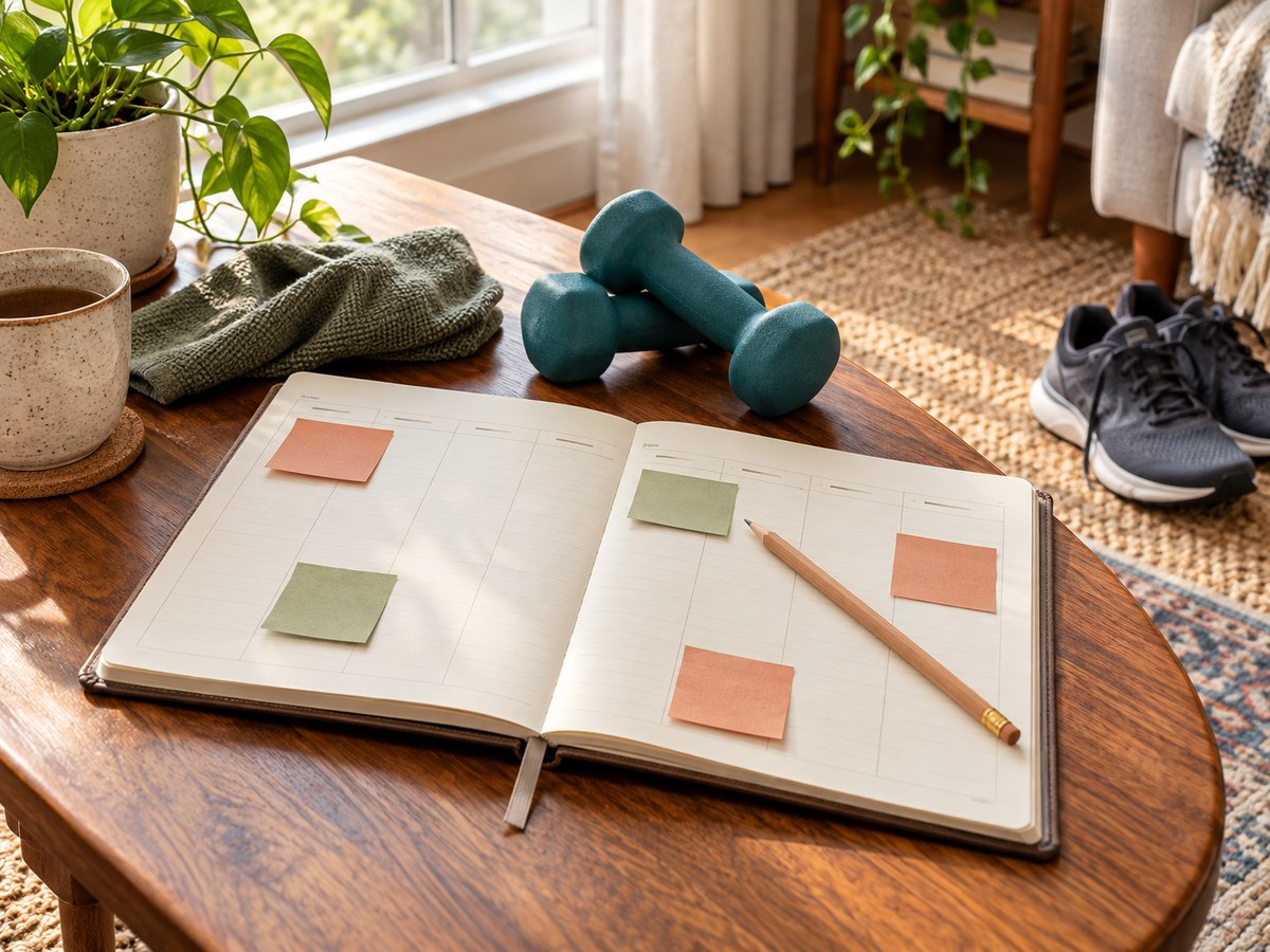 An open weekly planner with coloured notes and a pencil on a wooden table beside teal dumbbells, with walking shoes on the floor beyond.