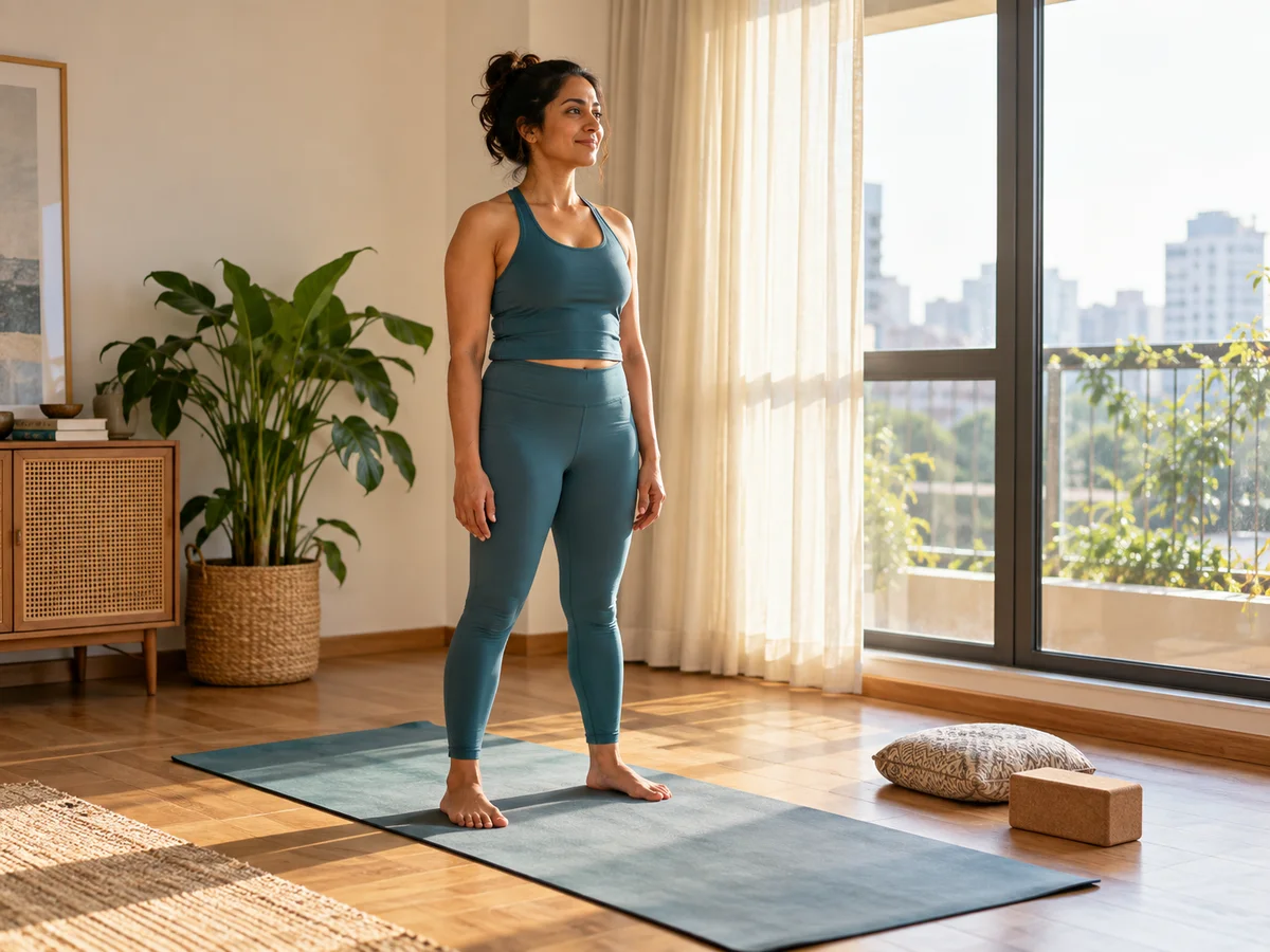 An adult woman standing comfortably on a yoga mat beside a sunlit window, with a cushion and yoga block nearby.