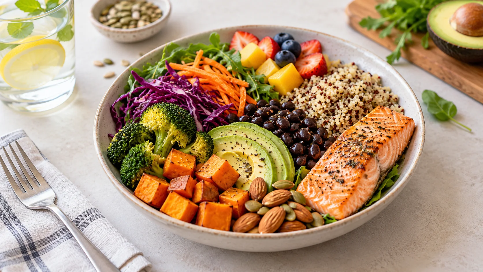 Oats, berries, seeds and legumes that provide dietary fibre