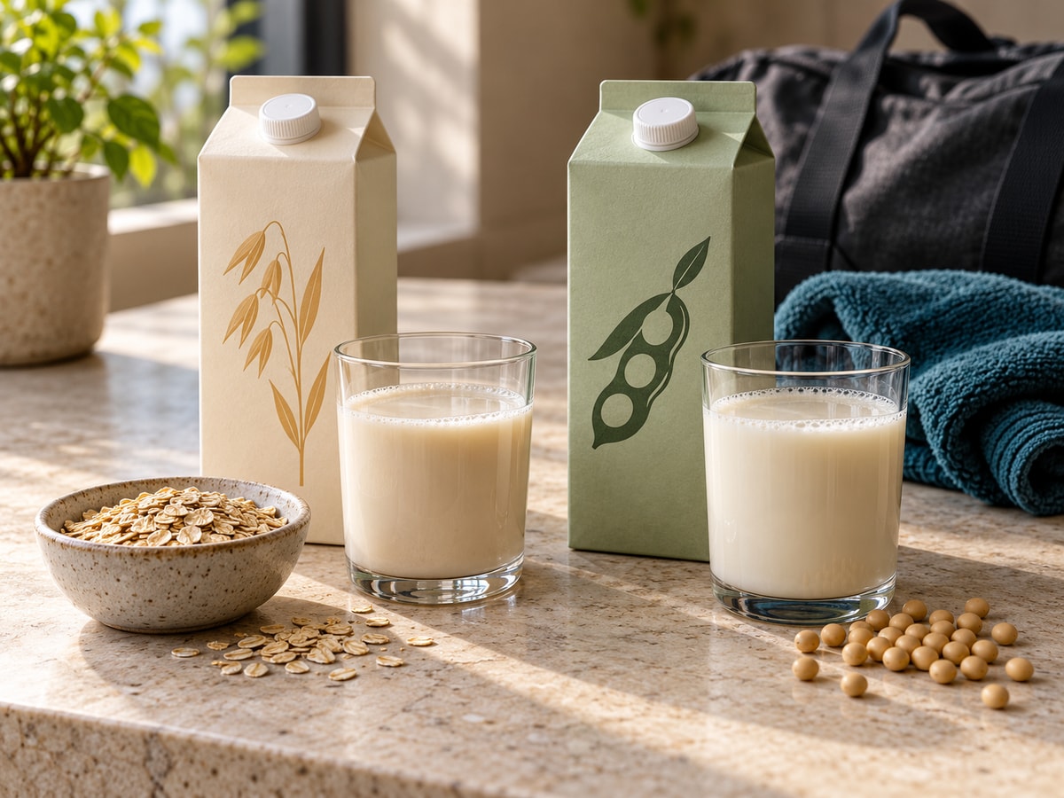 Cream oat and sage soy drink cartons with ingredient icons stand beside two glasses of pale plant drink, rolled oats, soybeans and a teal gym towel on a kitchen counter.