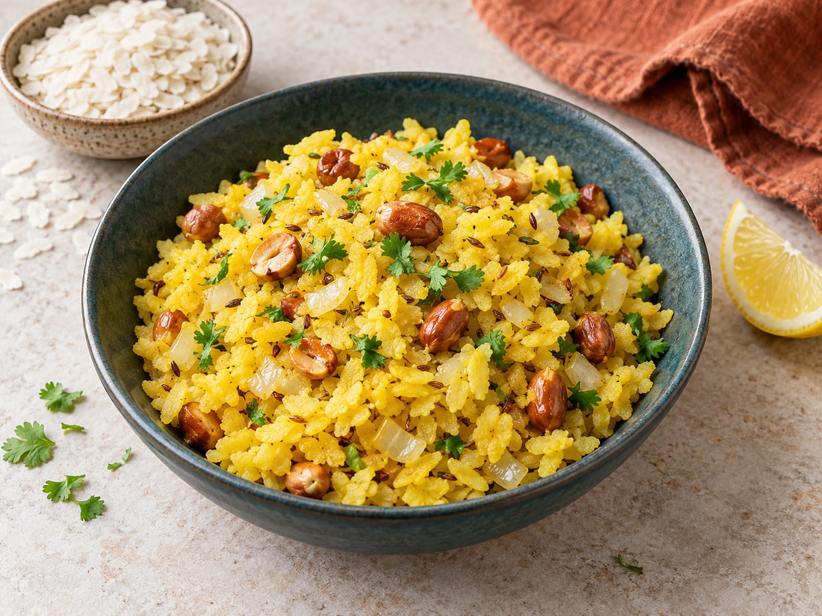Yellow poha flakes with roasted peanuts, softened onion, cumin and coriander in a dark teal bowl beside lemon and a small bowl of dry flattened rice.