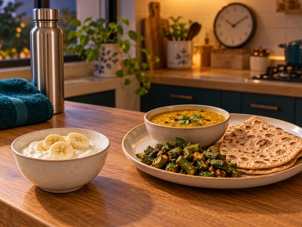 A small bowl of yogurt and banana beside a larger dinner of dal, chapatis and green vegetables on a kitchen counter, with a water bottle and gym towel behind.