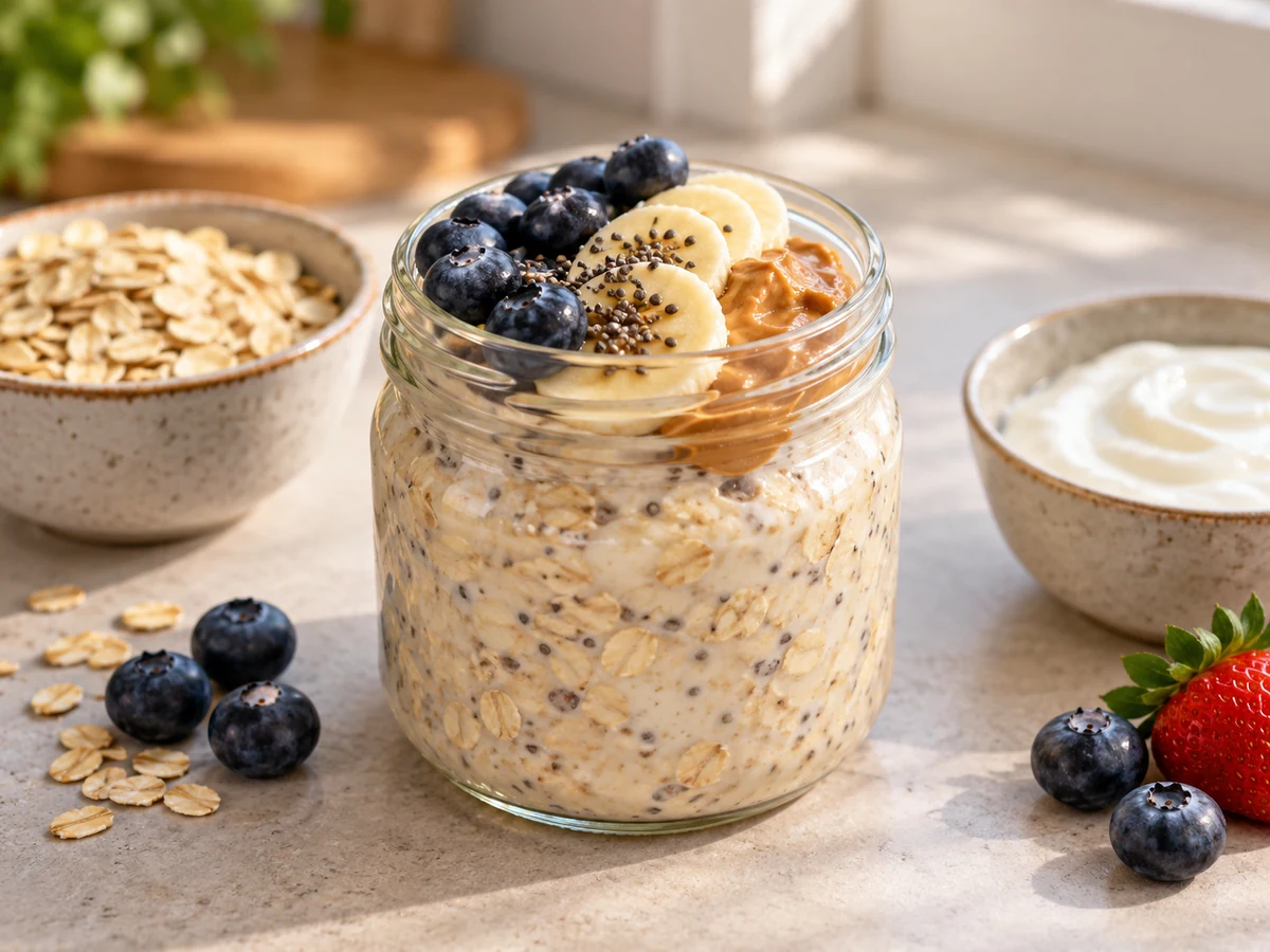 A glass jar of creamy overnight oats topped with blueberries, banana, chia seeds and peanut butter, beside bowls of oats and yogurt.