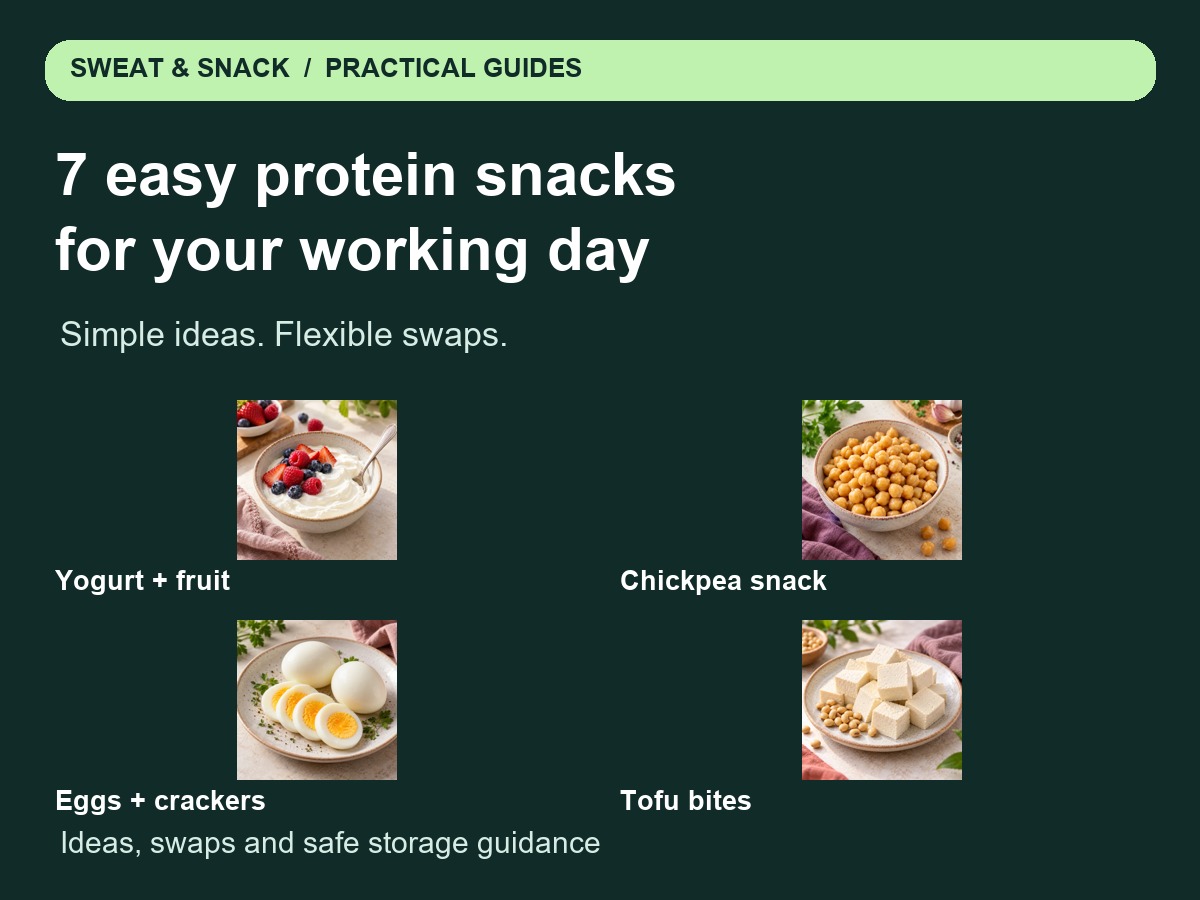 Protein snack guide showing yogurt, chickpeas, eggs and tofu