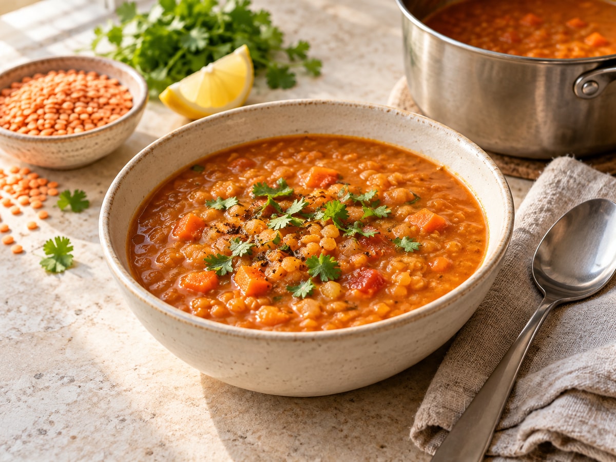 A cream bowl of orange-red lentil soup with small carrot pieces and coriander beside a spoon, lemon wedge, dry split red lentils and a small saucepan.