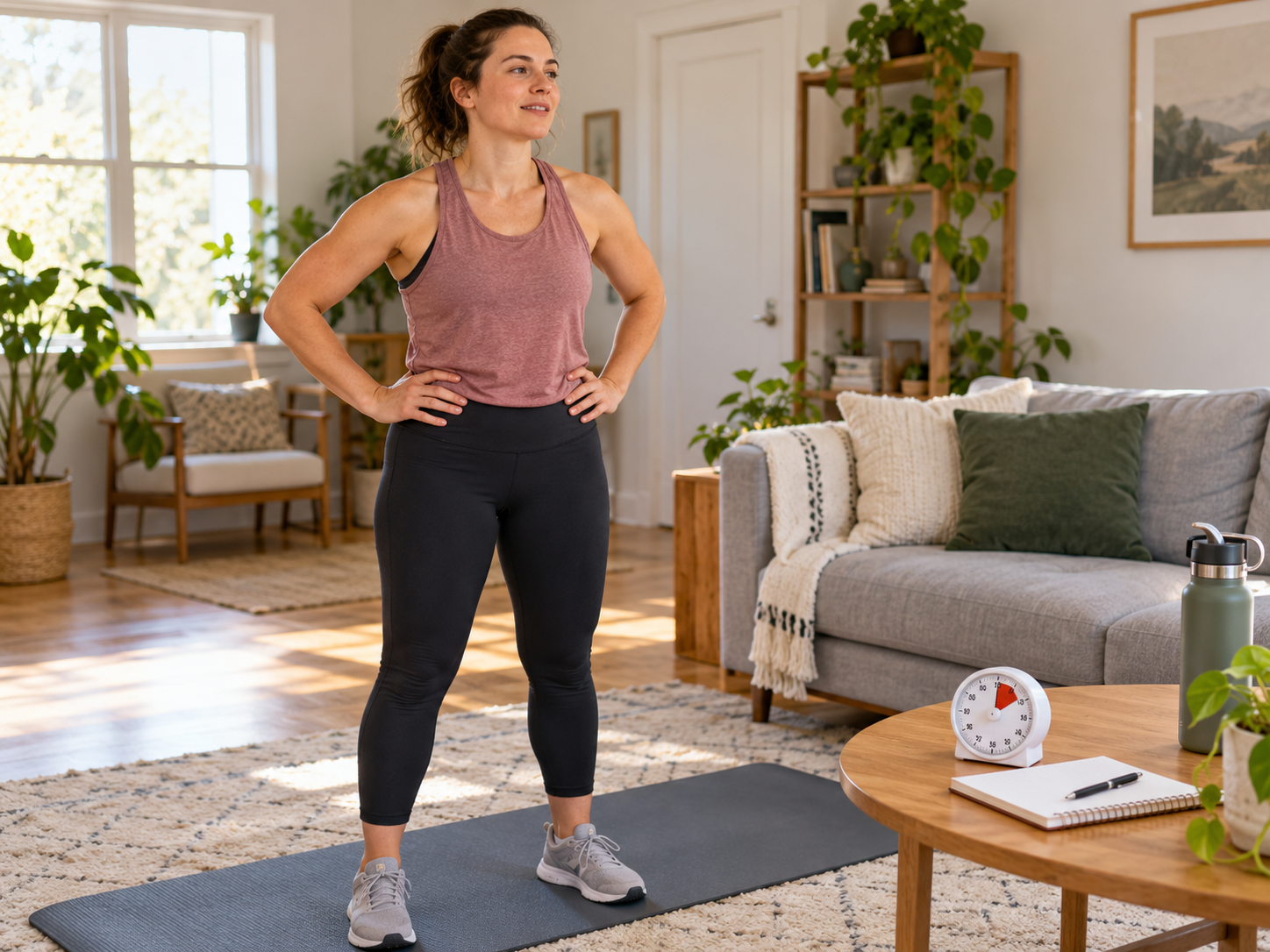 An adult pauses between home strength sets beside a mat, a notebook and a small analogue timer in a bright living room.