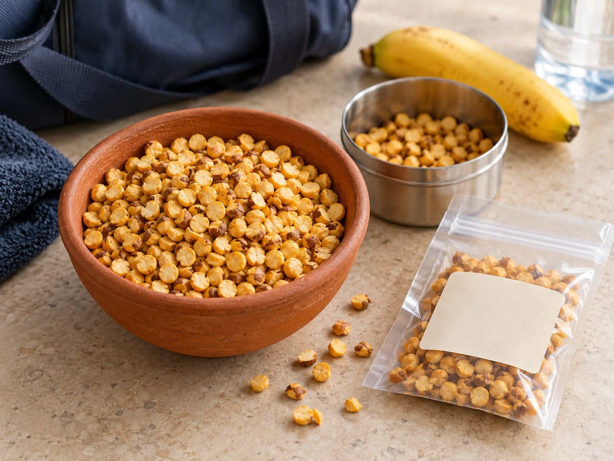 Golden ready-to-eat roasted split gram fills a terracotta bowl beside a steel snack tin, clear unbranded pouch, banana and navy gym bag on a pale counter.