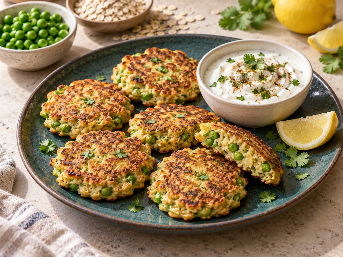Golden pea-and-oat pancakes on a teal plate, one cut open to show peas inside, beside cumin-sprinkled yogurt, coriander and a lemon wedge.