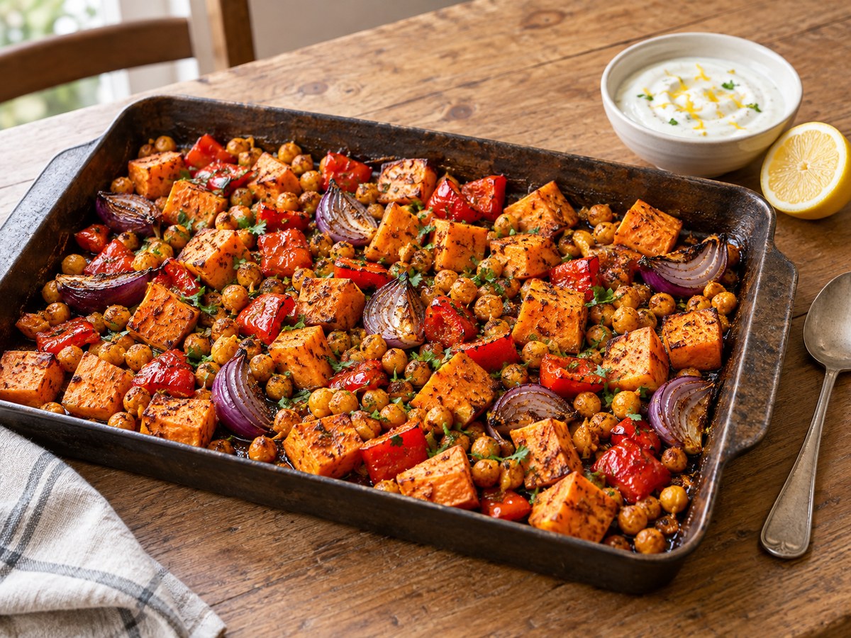 Roasted sweet potato cubes, chickpeas, red pepper and red onion in a dark baking tray with parsley, a bowl of lemon yogurt and half a lemon beside it.