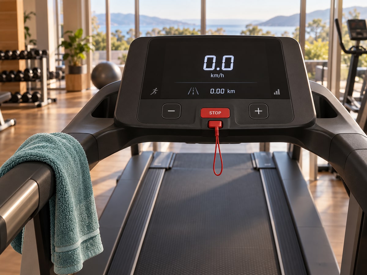 An idle treadmill console shows 0.0 km/h and 0.00 km above a red stop button, with a teal towel on the handrail and an empty belt.