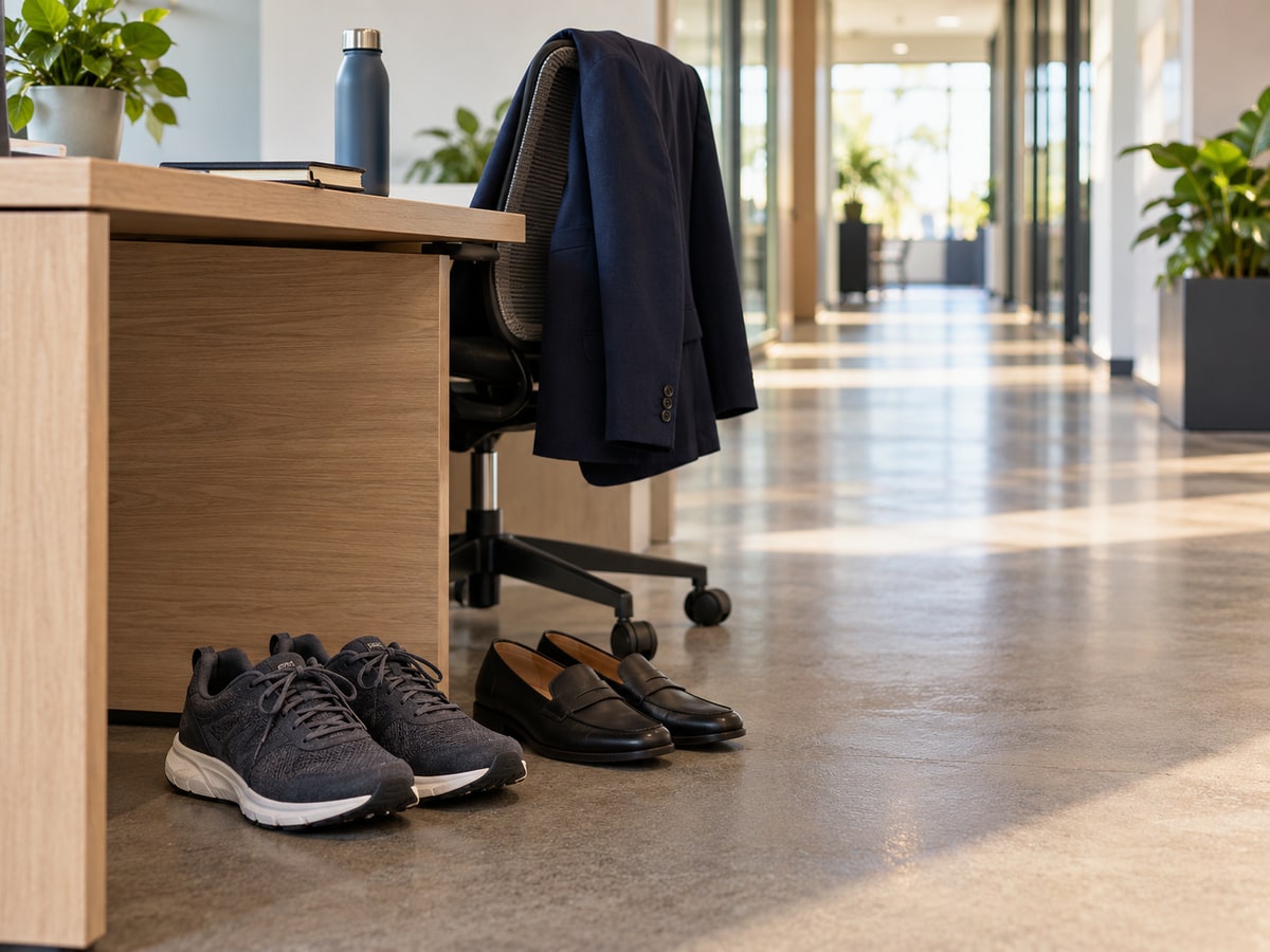 Charcoal walking trainers and dark office loafers sit beneath a wooden desk beside a chair with a navy blazer, with a bright office corridor beyond.
