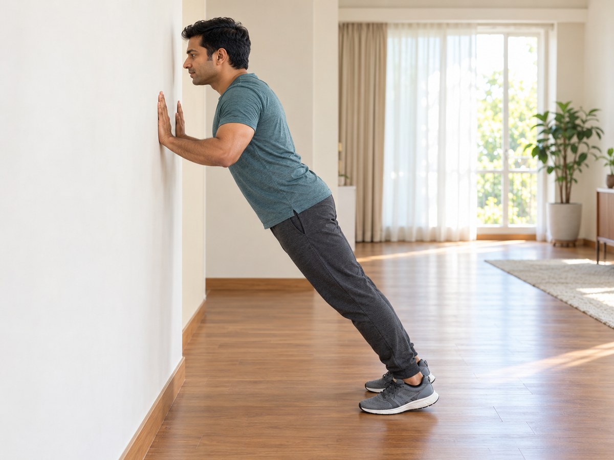 An adult man in a teal shirt performing a wall push-up, with palms on the wall at chest height and both feet planted on a clear wood floor.