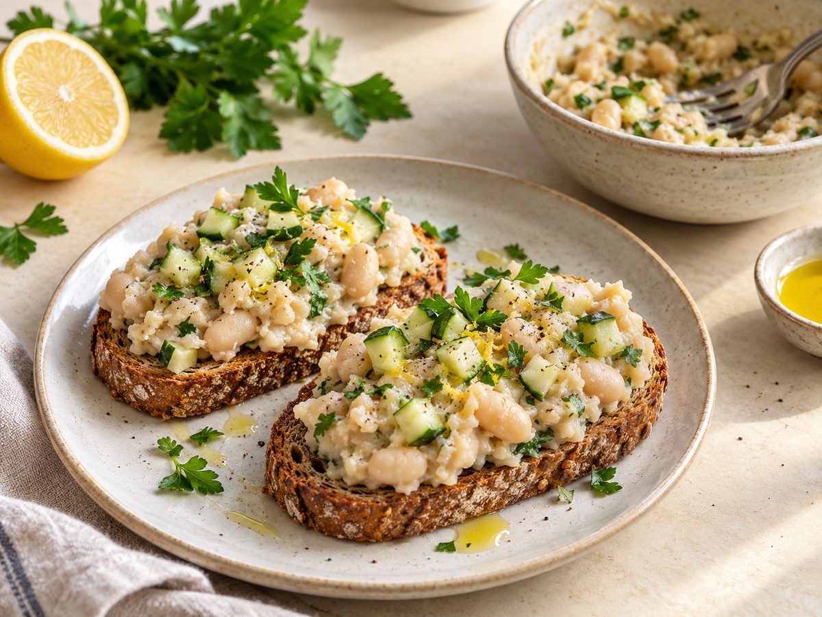 Two wholegrain toast slices topped with chunky white-bean mash, diced cucumber and parsley, beside a mixing bowl with a fork and half a lemon.