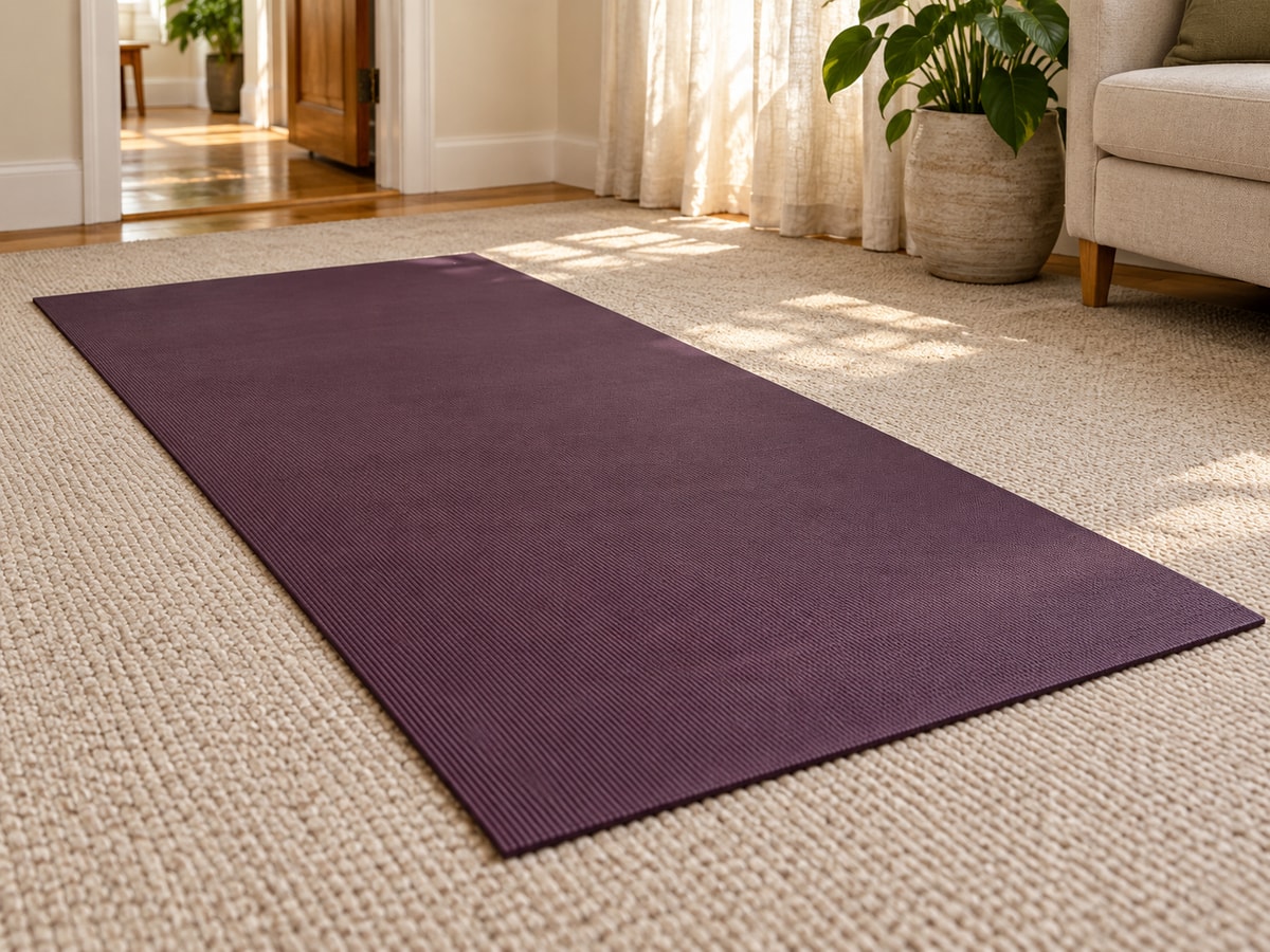 A deep aubergine yoga mat lies flat on pale woven fitted carpet in a sunlit living room, with a hardwood doorway threshold behind it.