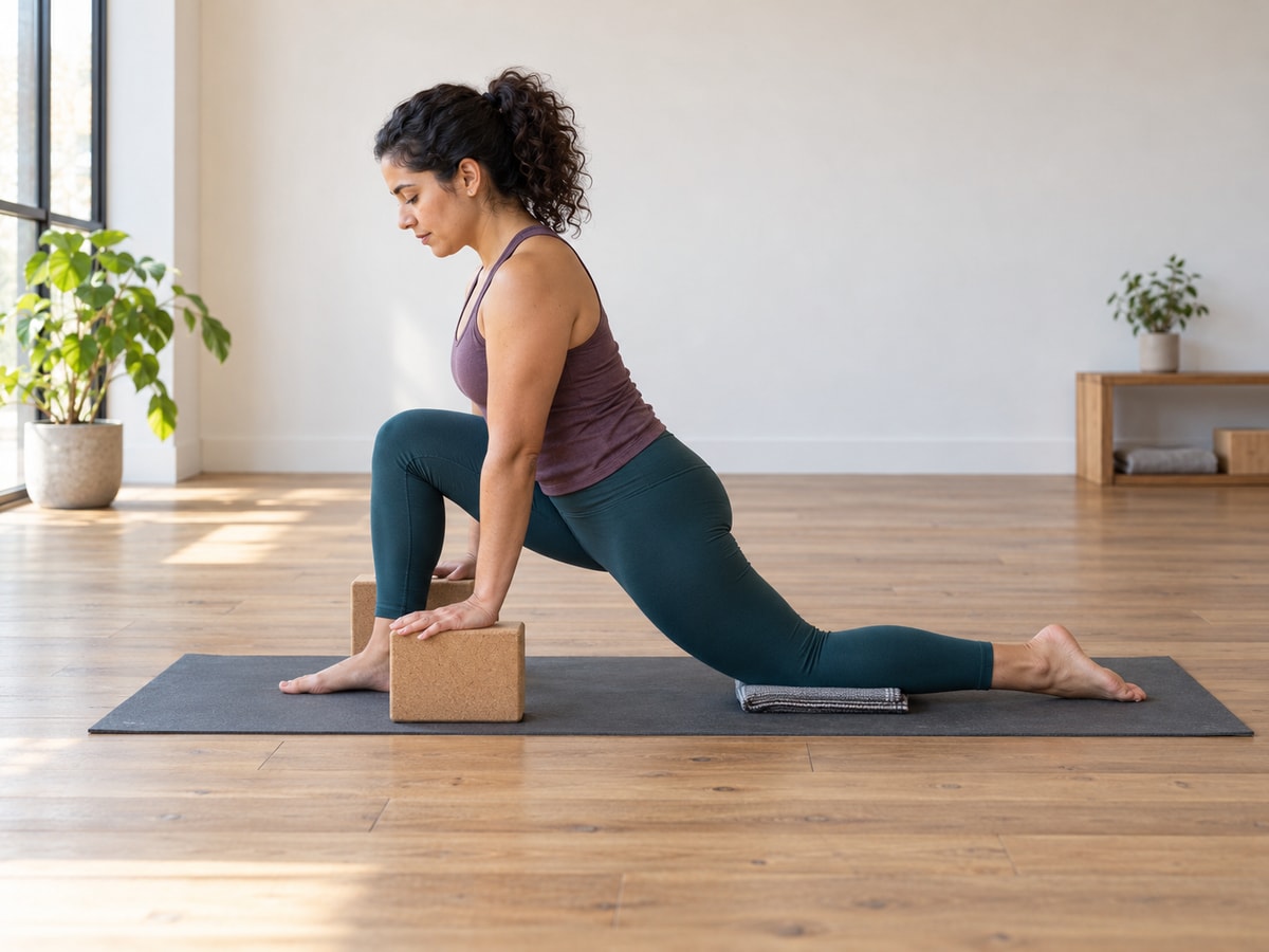 A woman pauses in a supported low lunge on a charcoal yoga mat, with her back knee on a folded blanket and her hands on cork blocks in a bright studio.