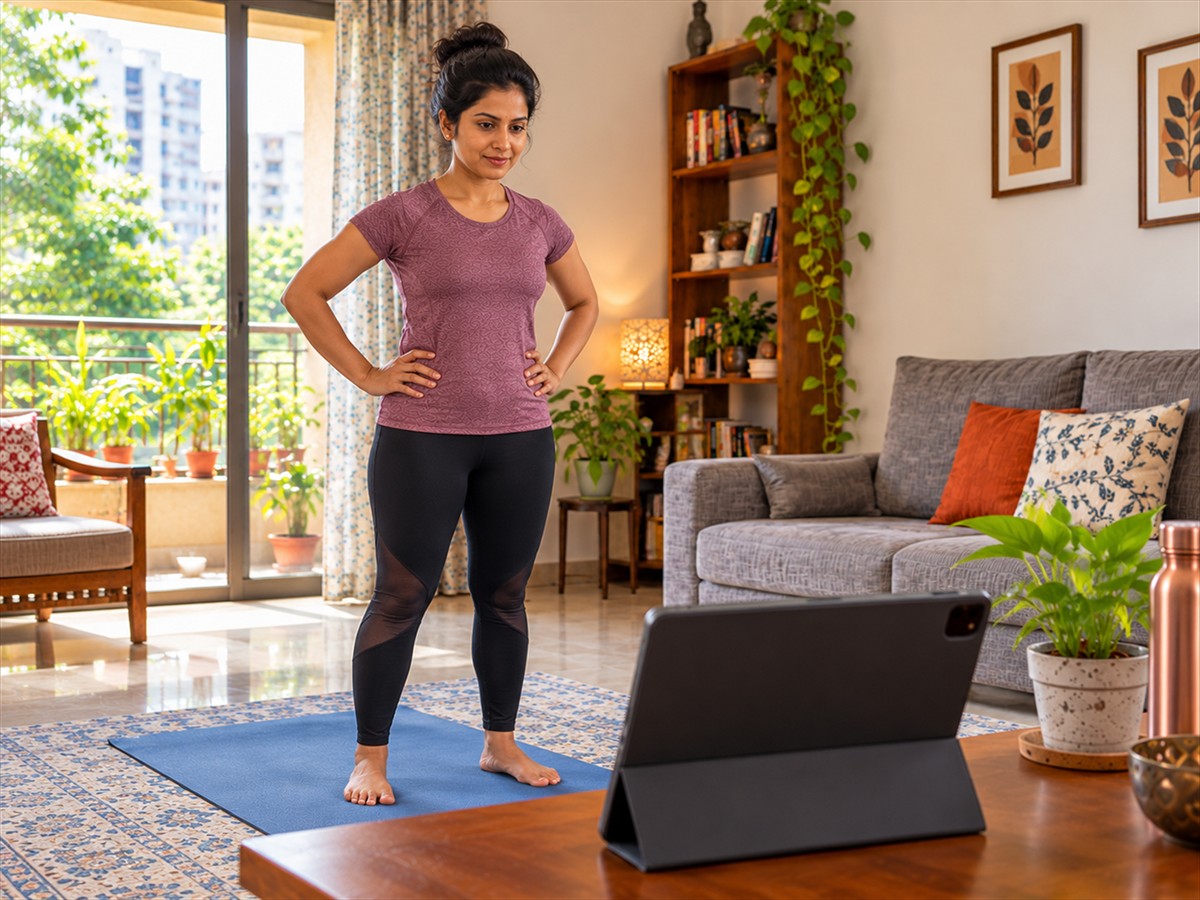 The back of a tablet fills the foreground as an adult Indian woman in plum yoga clothes watches it from her mat.