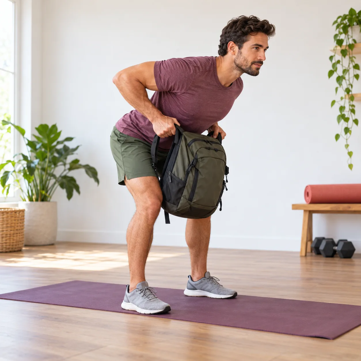 Adult man performing a controlled backpack row during a home workout