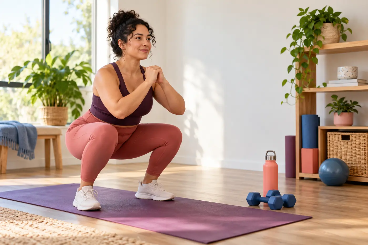 Person performing a controlled bodyweight squat on a home exercise mat