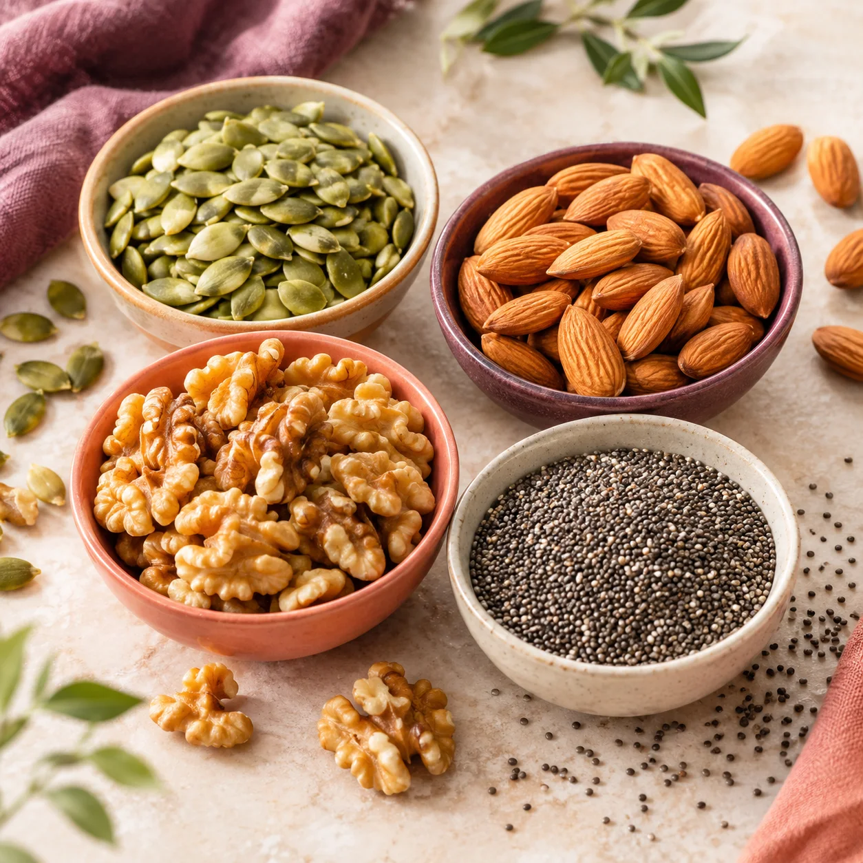 Assorted nuts and seeds arranged as examples of magnesium-containing foods